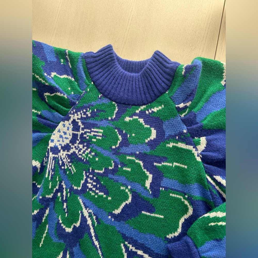 Farm Rio Knit Sweater Dress Balloon sleeves Size Large Floral Multi Color Blue - Picture 8 of 12